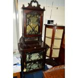 AN EDWARDIAN MAHOGANY DISPLAY CABINET, with foliate and scrolled decoration of two tiers with glazed