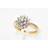 AN 18CT GOLD DIAMOND CLUSTER RING, designed as a tiered brilliant cut diamond cluster with diamond