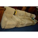 A FLORAL OATMEAL UPHOLSTERED ELECTRIC RECLINING THREE PIECE LOUNGE SUITE, comprising a two seater