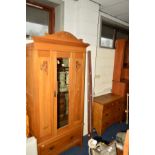 AN EDWARDIAN SATINWOOD SINGLE MIRROR DOOR WARDROBE, above a single drawer, an oak chest of three