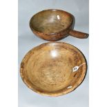 A WOODEN GRAIN SCOOP OF CIRCULAR FORM together with a wooden bowl, circa 19th Century