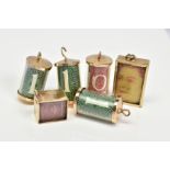 SIX CASED CASH NOTE CHARMS, to include four cylindrical charms and two rectangular, five with 9ct