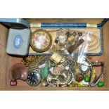 A SELECTION OF MAINLY COSTUME JEWELLERY, to include a Glycine pocket watch, an oval Wedgwood