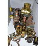 A SQUARE BRASS HAND HELD STORM LANTERN, height 38cm, with various lamps, cycle lamps, decorative