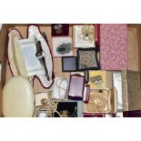 A BOX OF COSTUME JEWELLERY, to include wristwatches, imitation pearl necklaces with boxes, a