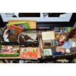 THREE BOXES AND LOOSE TOYS, SUNDRIES, etc, to include lighters, oriental vases, playing cards, jig-