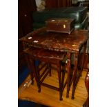 A REPRODUCTION MAHOGANY NEST OF THREE TABLES and a mahogany jewellery box (2)