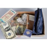 A BOX OF MIXED WORLD COINS COMMEMORATIVES AND BANKNOTES