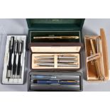 THREE CASED FOUNTAIN PENS BY CROSS, PARKER AND TARGA BY SHEAFFER, together with two Parker three