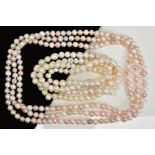 TWO LONG FRESHWATER CULTURED PEARL NECKLACES, the first designed with near uniform white and dyed