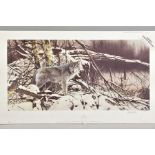 GEOFF TAYLOR (BRITISH CONTEMPORARY), 'Winter Pause', a Limited Edition print of a Wolf, 165/295,