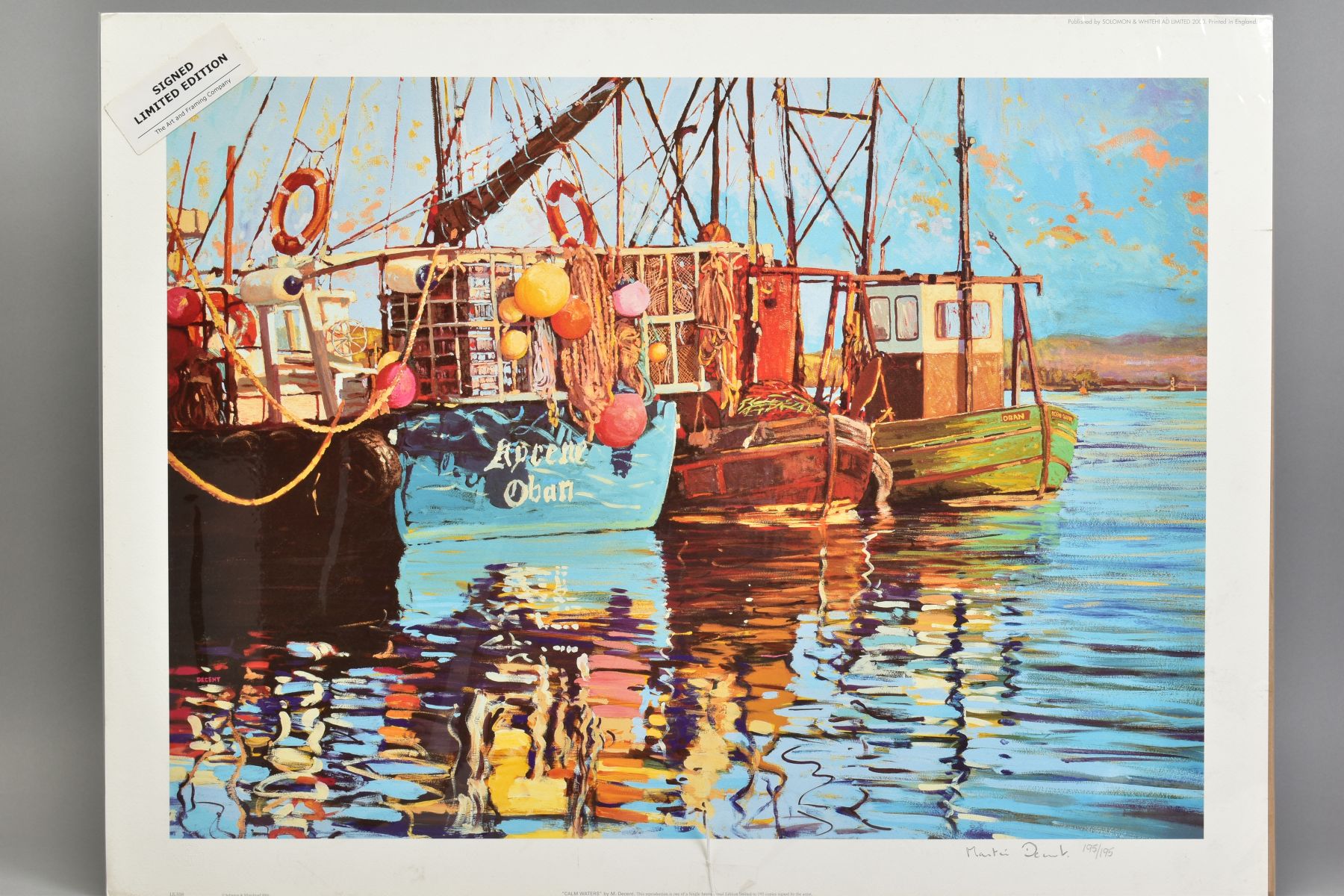MARTIN DECENT (BRITISH CONTEMPORARY), 'Calm Waters', a Limited Edition print of fishing boats, 195/