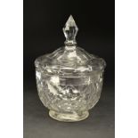 A GEORGE III CLEAR GLASS CIRCULAR BOWL AND COVER, circa 1780, pointed finial above shallow diamond