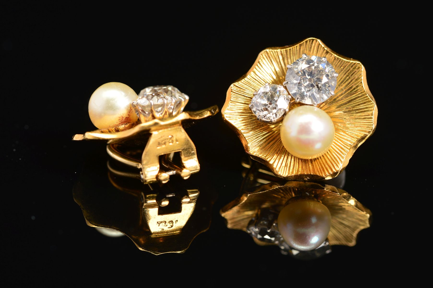 A PAIR OF CULTURED PEARL AND DIAMOND EARRINGS, organic design with textured line detail, clip - Image 5 of 5