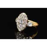 A VICTORIAN GOLD NAVETTE SHAPED DIAMOND CLUSTER RING, estimated old European cut diamond weight 1.