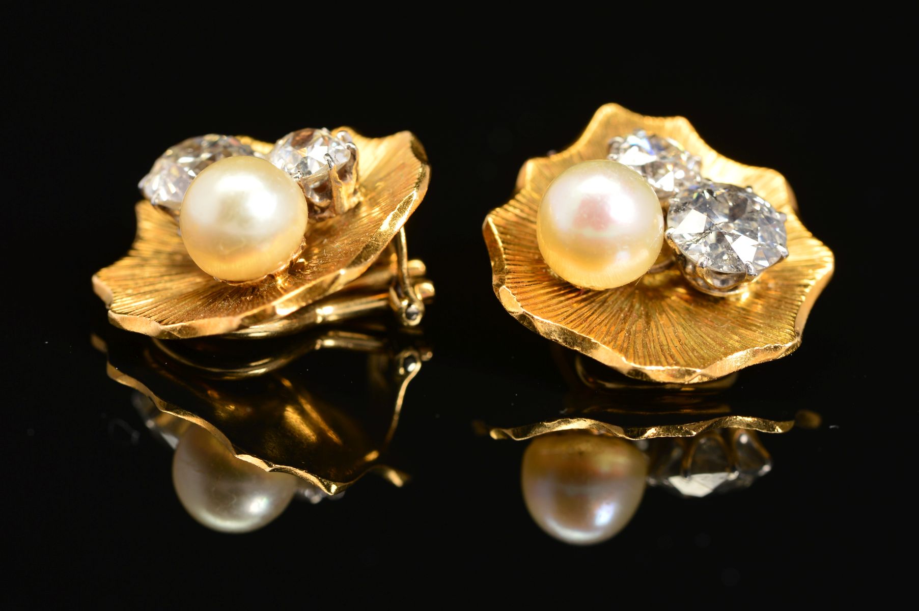 A PAIR OF CULTURED PEARL AND DIAMOND EARRINGS, organic design with textured line detail, clip - Image 2 of 5