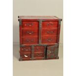 A LATE 19TH/20TH CENTURY KOREAN STAINED WOOD AND IRON BOUND CHEST, fitted with three long drawers