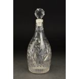 A GEORGE III MALLET SHAPED DECANTER, faceted lozenge stopper, the decanter engraved with floral