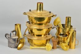 A BOX OF ASSORTED BRASSWARE, etc, including stackable dishes with integral chimneys, silver plated