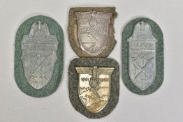 FOUR 3RD REICH WWII CAMPAIGN SHIELDS, 'Narvik' 1940, 'Krim' 1941-1942, 'Demjansk' 1942 and 'Kuban'