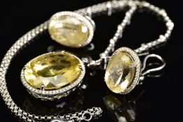 AN 18CT WHITE GOLD, CITRINE AND DIAMOND PENDANT AND MATCHING EARRINGS, the pendant designed as a