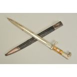 A WWII ERA 3RD REICH GERMAN MUNICIPAL POLICE BAYONET AND METAL AND LEATHER SCABBARD, the bayonet has