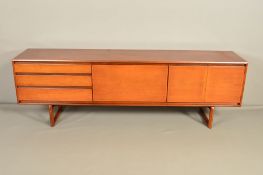 A 1960'S WHITE AND NEWTON TEAK 7FT SIDEBOARD, with three graduated drawers and double cupboard doors
