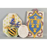 A 19TH CENTURY LARGE FAIENCE ARMORIAL WALL PLAQUE, of shaped octagonal form, decorated in relief,