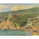 MICHAEL GILBERY (BRITISH 1913-2000), 'Cala Major-Mallorca', a Spanish coastal landscape across a