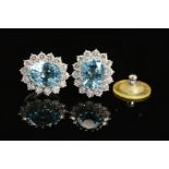 A PAIR OF MODERN OVAL AQUAMARINE AND DIAMOND CLUSTER EARRINGS, post fittings, measuring