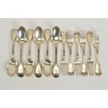 A SET OF SIX VICTORIAN SILVER FIDDLE AND THREAD PATTERN TABLESPOONS AND FORKS, all pieces engraved