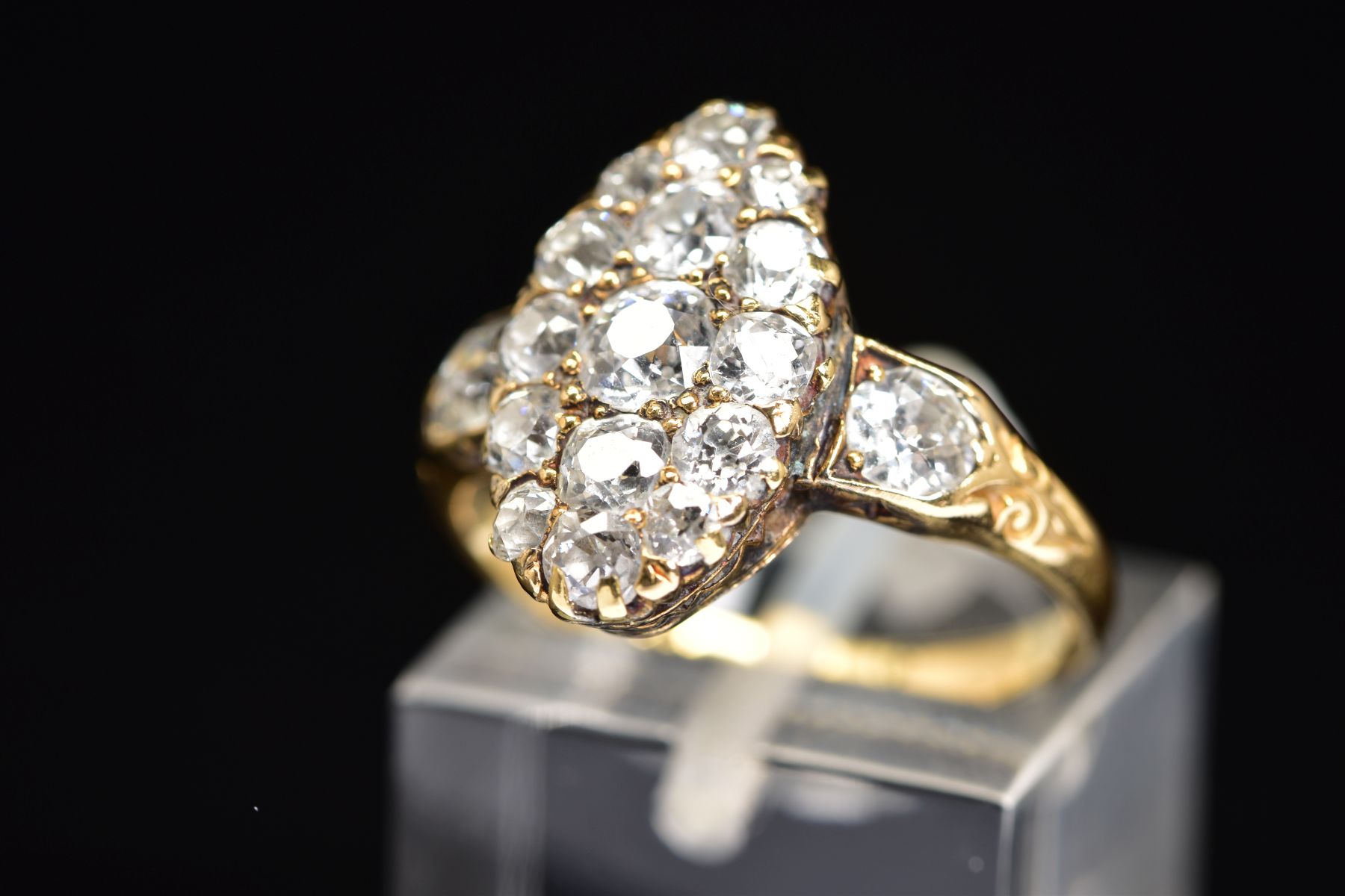 A VICTORIAN GOLD NAVETTE SHAPED DIAMOND CLUSTER RING, estimated old European cut diamond weight 1. - Image 4 of 5