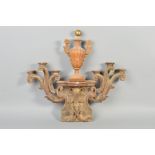 A 19TH CENTURY CARVED GILTWOOD SIX BRANCH CANDLE STAND CAPITAL, holders lacking spikes, the