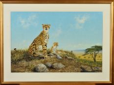 REX FLOOD (BRITISH 1928-2009), 'Cheetahs', a study of the Big Cats overlooking the African