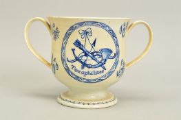 ARCHERY INTEREST, AN EARLY 19TH CENTURY PEARLWARE LOVING CUP, hand painted in underglaze blue to
