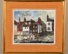 BRENDA KING (BRITISH 1934-2011), 'Thameside' children playing on the foreshore, workers cottages