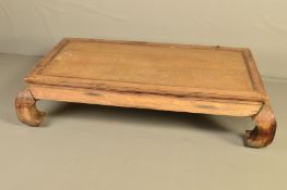 AN 18TH/19TH CENTURY CHINESE ELM AND RATTAN RECTANGULAR OPIUM BED, lacks canopy and
