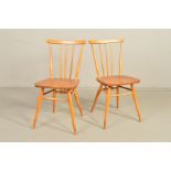 A PAIR OF MID 20TH CENTURY ERCOL MODEL 391 ELM AND BEECH TRIPLE SPINDLE BACK DINING CHAIRS, (2) (