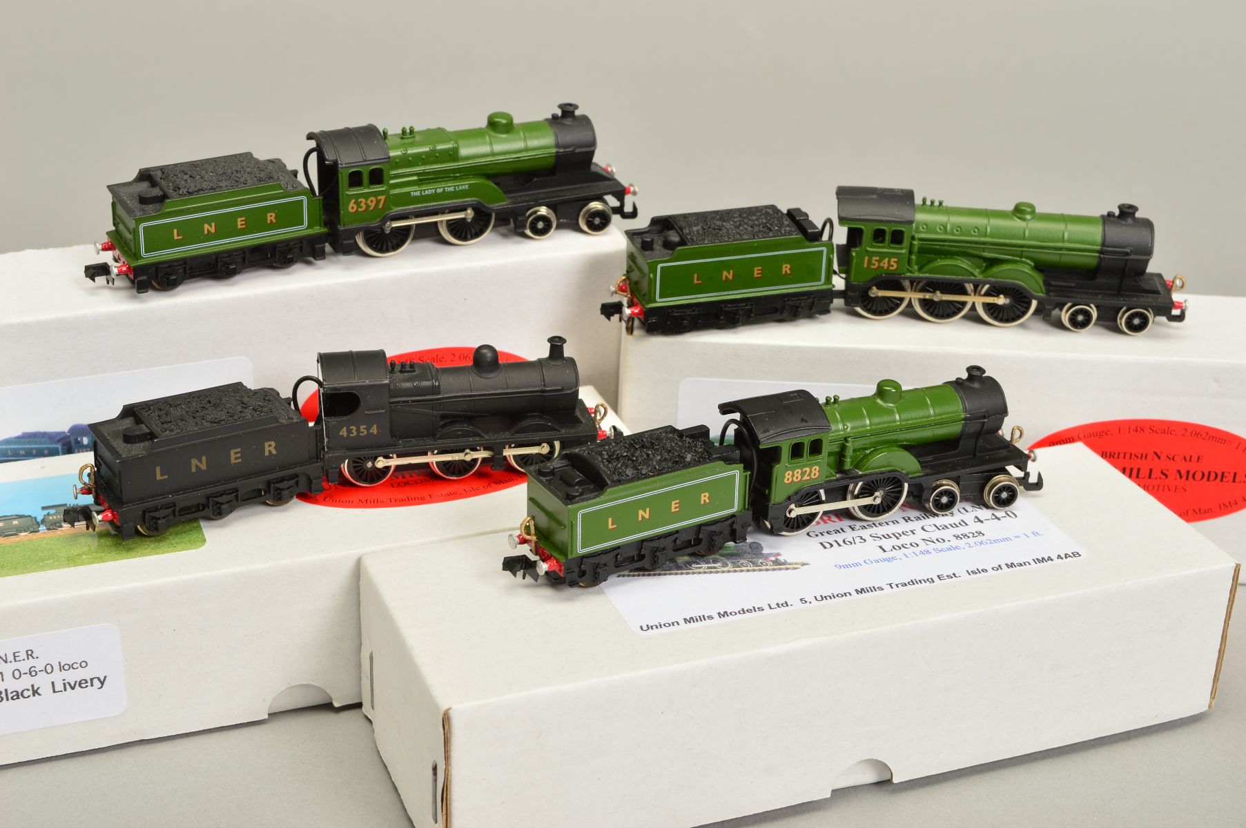 FOUR BOXED UNION MILLS N GAUGE L.N.E.R. LOCOMOTIVES, comprising Class B12/3, No.1545, Class D11, ' - Image 2 of 3