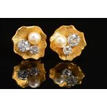 A PAIR OF CULTURED PEARL AND DIAMOND EARRINGS, organic design with textured line detail, clip