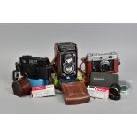 A TRAY OF CAMERAS AND EQUIPMENT, including a Rolleiflex Automat 3.5 TLR camera fitted with 75mm F3.5