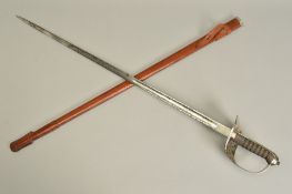 AN 1897 PATTERN ER VII CREST INFANTRY OFFICERS SWORD WITH BROWN LEATHER SCABBARD, blade is proved