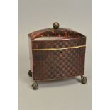 AN EARLY 19TH CENTURY TORTOISESHELL BOW FRONT TEA CADDY, with pressed basket weave decoration to the