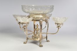 AN EARLY 19TH CENTURY OLD SHEFFIELD PLATE CENTREPIECE, with central circular cut glass bowl in a