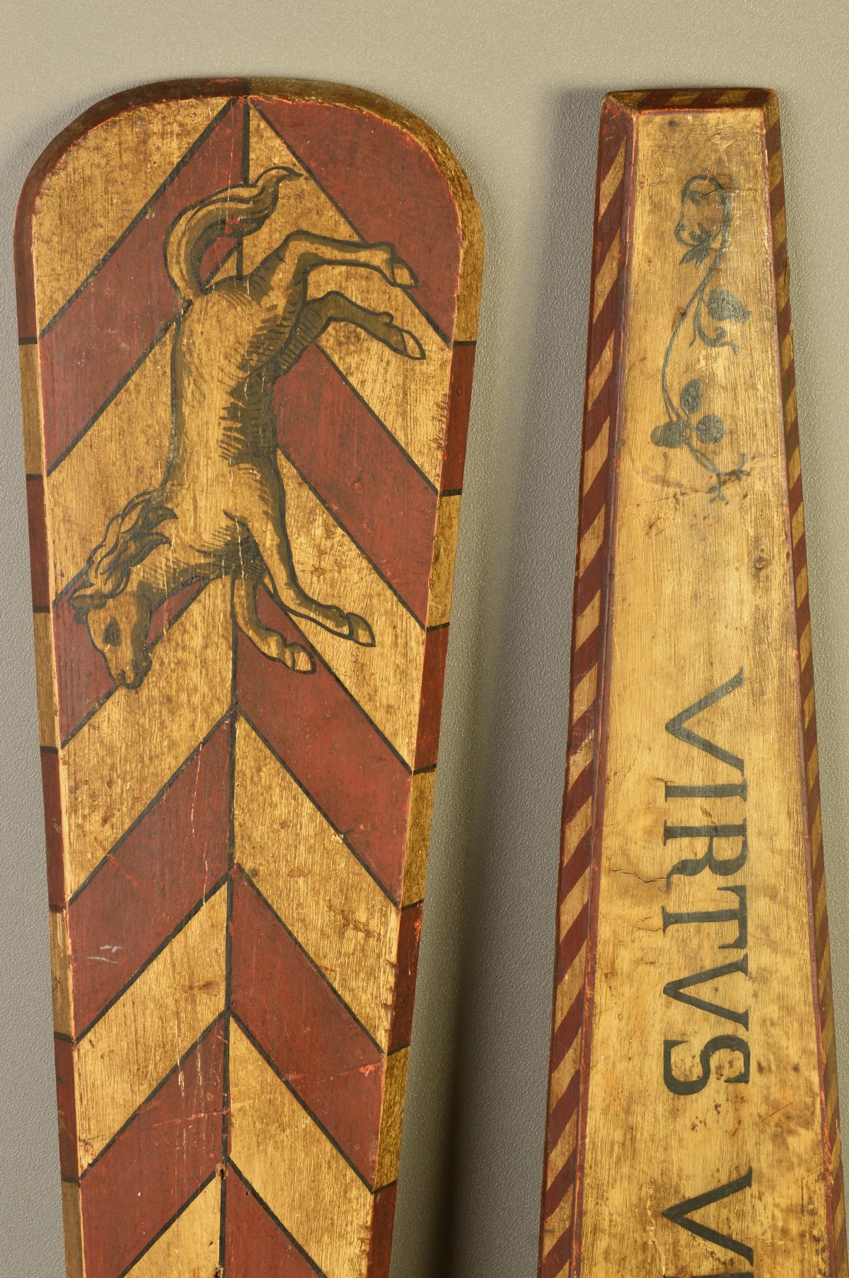 TWO ELONGATED PAINTED WOODEN PANELS, one with red and white chevrons with a rearing horse, the other - Image 2 of 5