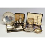 A PARCEL OF SILVER AND WHITE METAL, including a George V silver dish, foliate cast rim, pierced