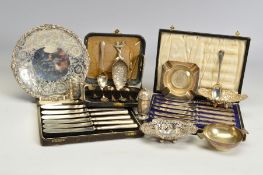 A PARCEL OF SILVER AND WHITE METAL, including a George V silver dish, foliate cast rim, pierced