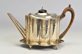A GEORGE III SILVER TEAPOT AND STAND, of wavy oval form, bright cut engraved decoration, maker