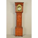 A GEORGE III OAK, MAHOGANY AND SATINWOOD BANDED LONGCASE CLOCK, the hood with dentil pediment on