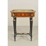 A LATE 19TH CENTURY LOUIS XVI STYLE WALNUT INLAID GILT METAL AND EBONISED JARDINIERE, of shaped oval